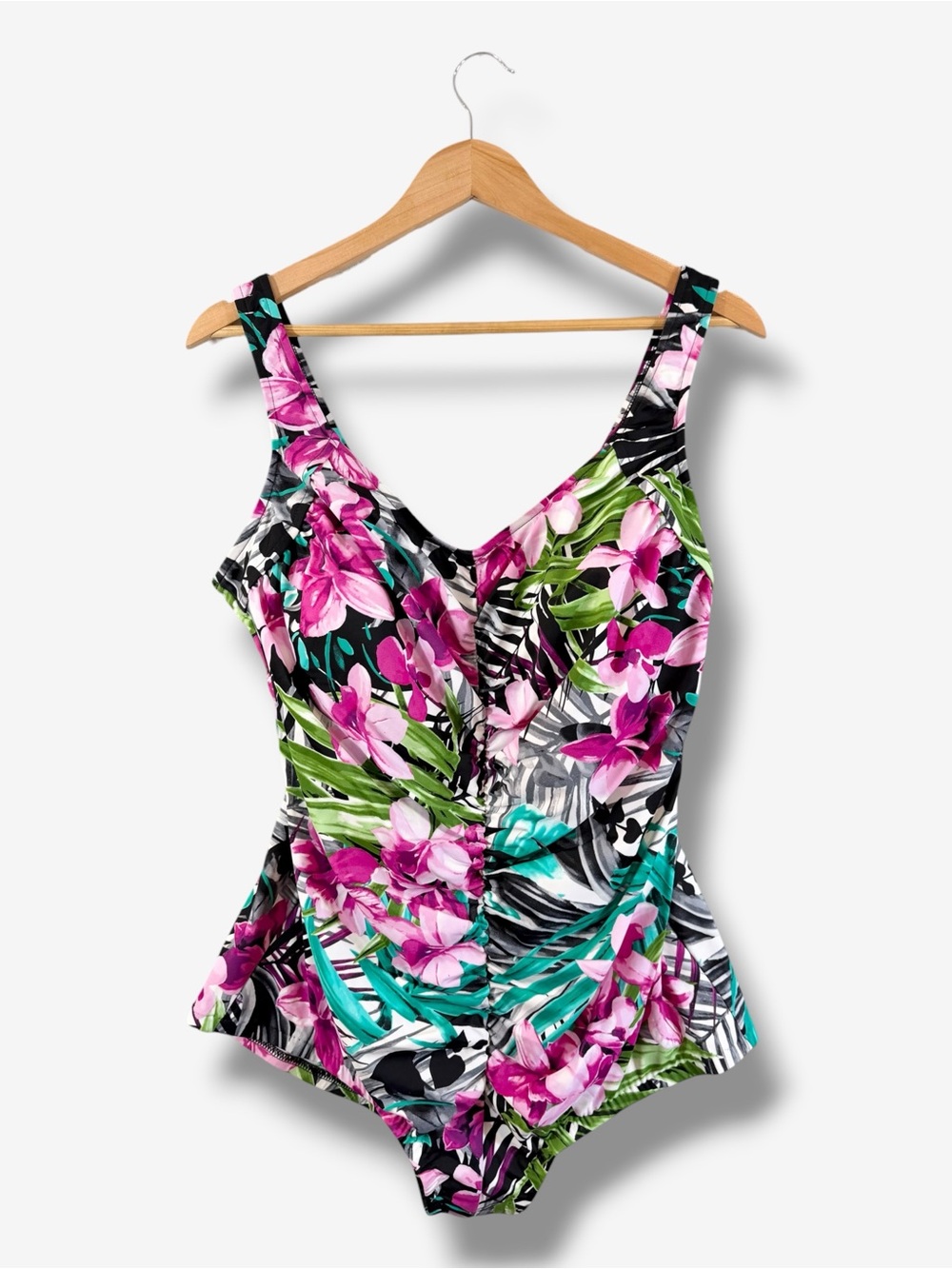 Maxine of Hollywood 24W Tropical Floral Shirred Girl Leg One Piece Swimsuit NWT
